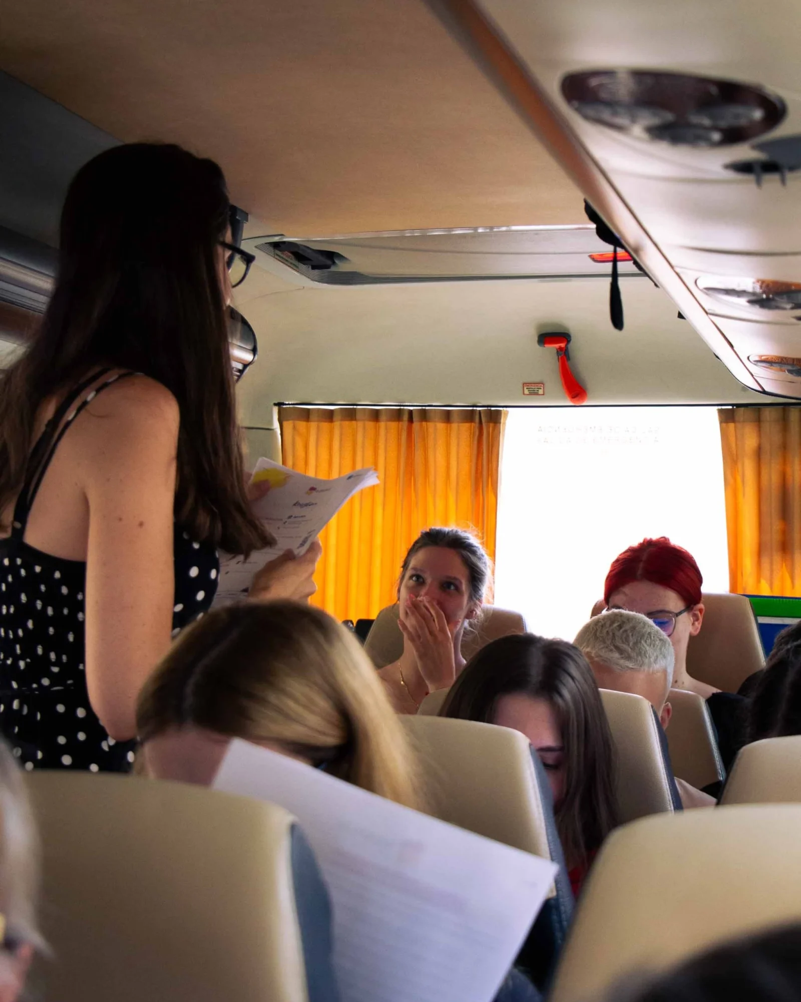 Erasmus+ program speech at the beginning of the trip in a bus with the students